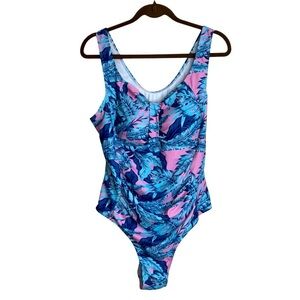 5/$25 Tropical Blue and Pink Women3XL One Piece Swimsuit Tropical Ruched